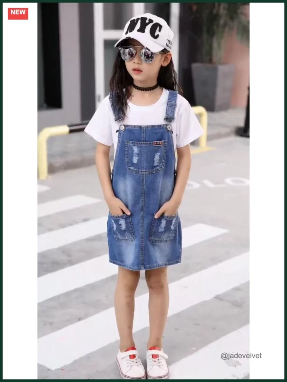 Girls Denim Overall Dress Ripped Jeans Jumper A-Line